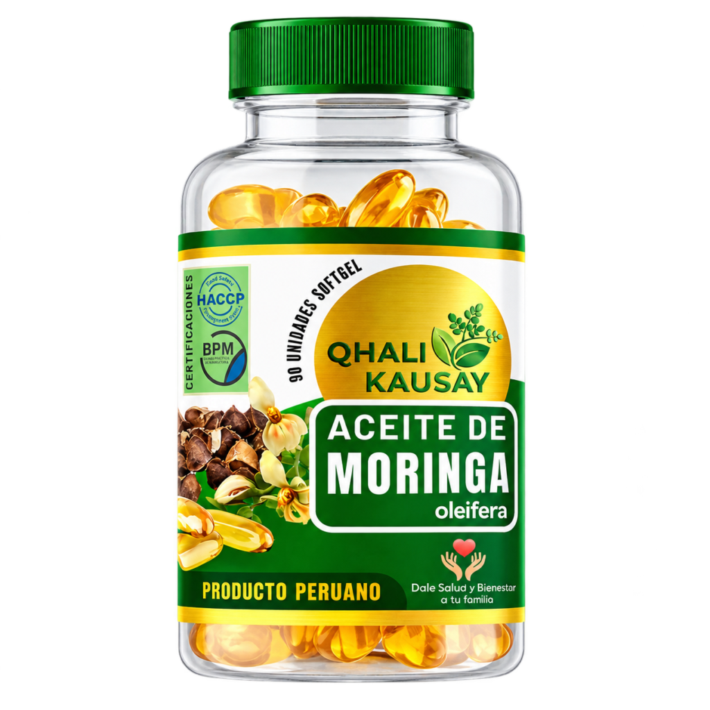 Frasco de aceite de moringa en cápsulas Qhali Kausay