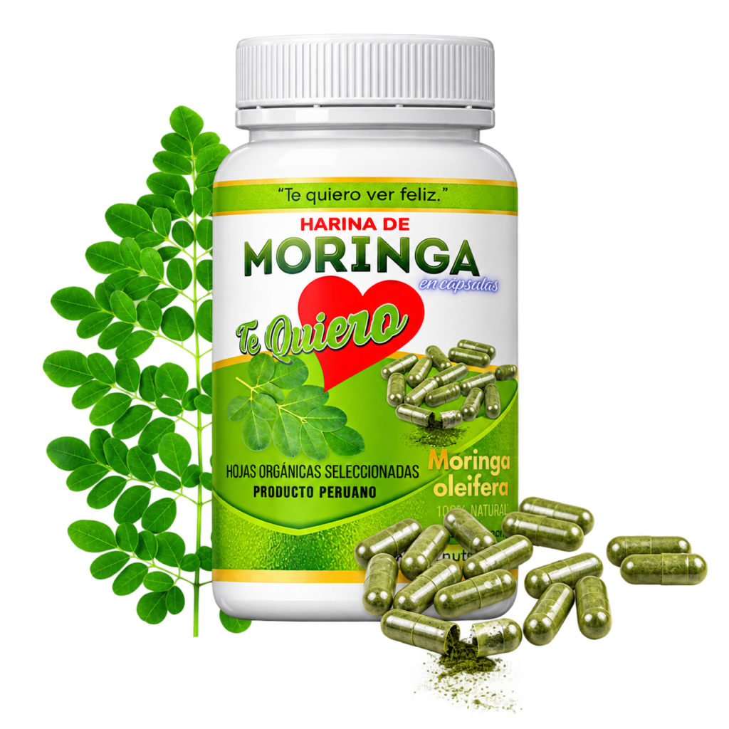 Frasco de moringa con cápsulas verdes