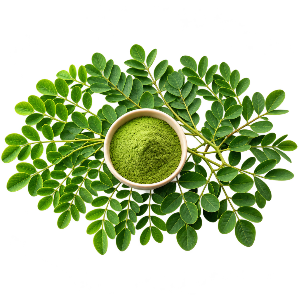 Cuenco con polvo de moringa entre hojas verdes