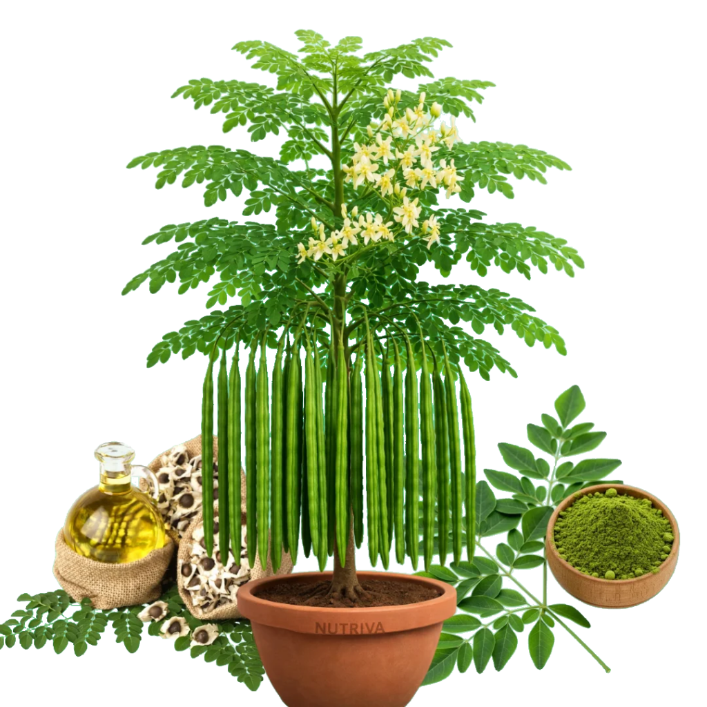 Árbol de moringa con aceite, semillas y polvo de moringa